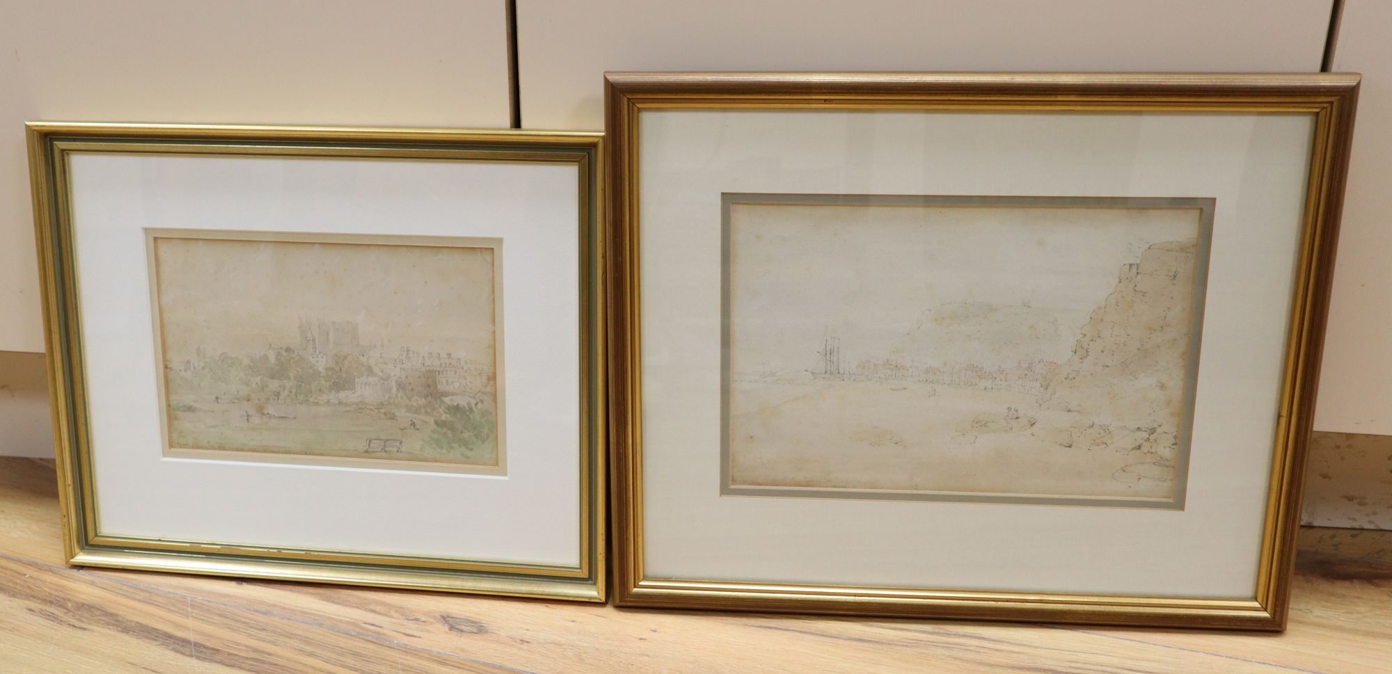 J* Roget (19th century), Hastings sea front with shipping and another of York, signed and inscribed, pencil and wash, largest 19 x 29cm